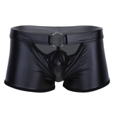 Sexy Herren-Wetlook-PU-Leder-Unterwäsche / O-Ring-Hot-Boxershorts mit ausgehöhltem Oberteil