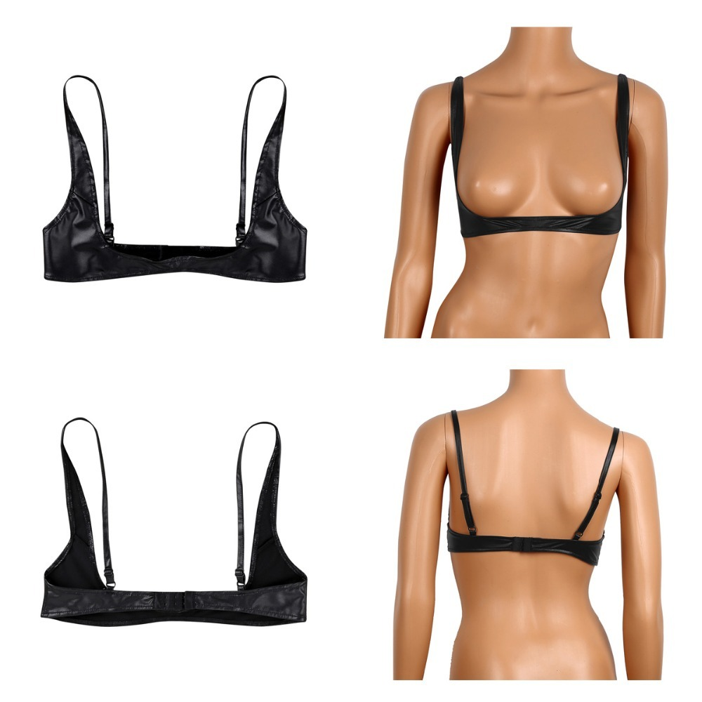 Sexy Open Cup Bra in Black Color / Faux Leather Wire-Free Shelf Bra / Female Erotic Lingerie - EVE's SECRETS