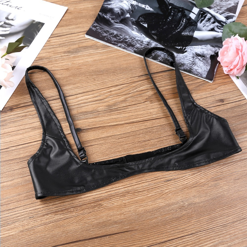 Sexy Open Cup Bra in Black Color / Faux Leather Wire-Free Shelf Bra / Female Erotic Lingerie - EVE's SECRETS