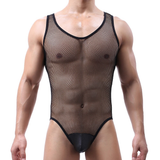 Sexy voir à travers le body en cuir PU / Lingerie en maille à col rond pour hommes / combinaison sans manches pour homme