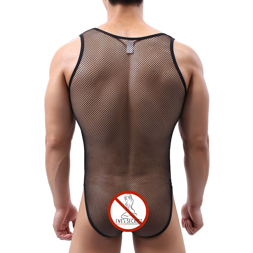 Sexy See Through PU Leather Bodysuit / Men's O-Neck Mesh Lingerie / Male Sleeveless Jumpsuit - EVE's SECRETS