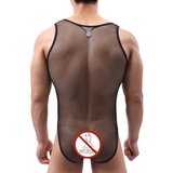 Sexy See Through PU Leather Bodysuit / Men's O-Neck Mesh Lingerie / Male Sleeveless Jumpsuit - EVE's SECRETS