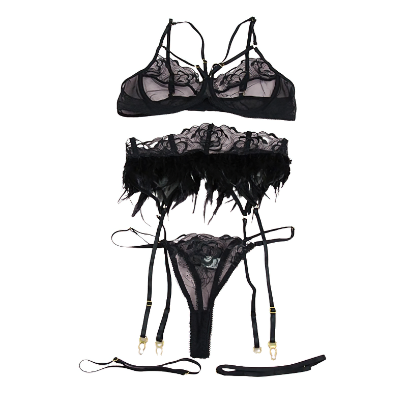 Sexy Sensual Lace Lingerie With Feathers For Women / Exotic Underwear Set With Garters - EVE's SECRETS