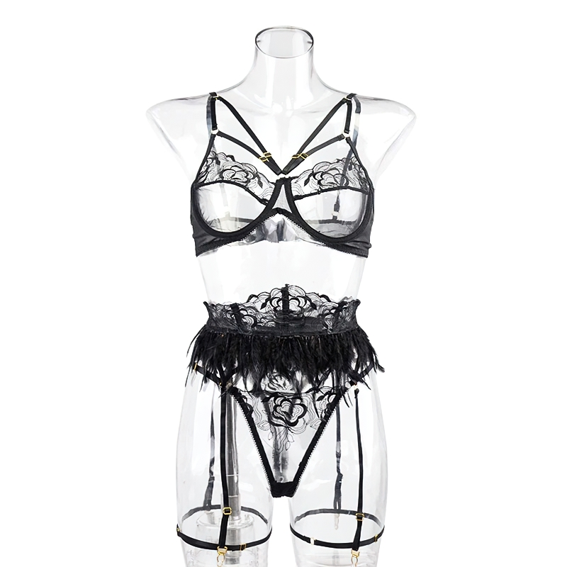 Sexy Sensual Lace Lingerie With Feathers For Women / Exotic Underwear Set With Garters - EVE's SECRETS