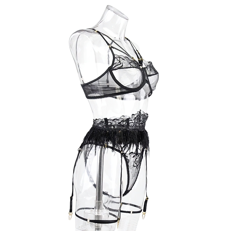 Sexy Sensual Lace Lingerie With Feathers For Women / Exotic Underwear Set With Garters - EVE's SECRETS