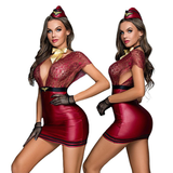 Sexy Stewardess-Uniform, Cosplay, weinrotes Spitzen-Damenkleid, erotisches Kostüm für Rollenspiele