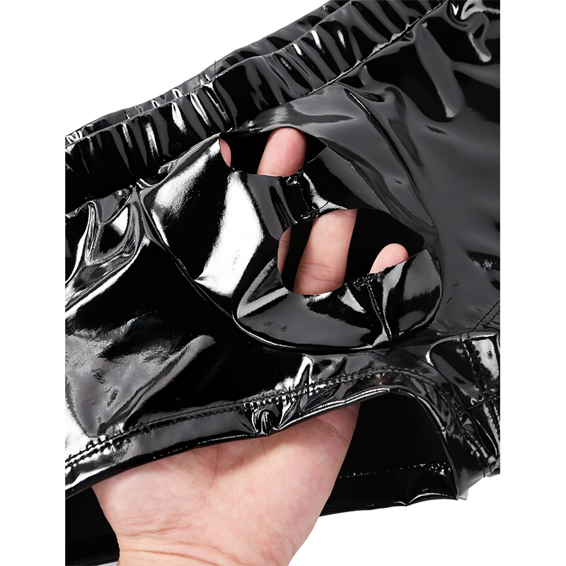Sexy Wetlook Black PU Leather Male Panties / Open Crotch Penis Hole Erotic Gay Boxer Shorts - EVE's SECRETS