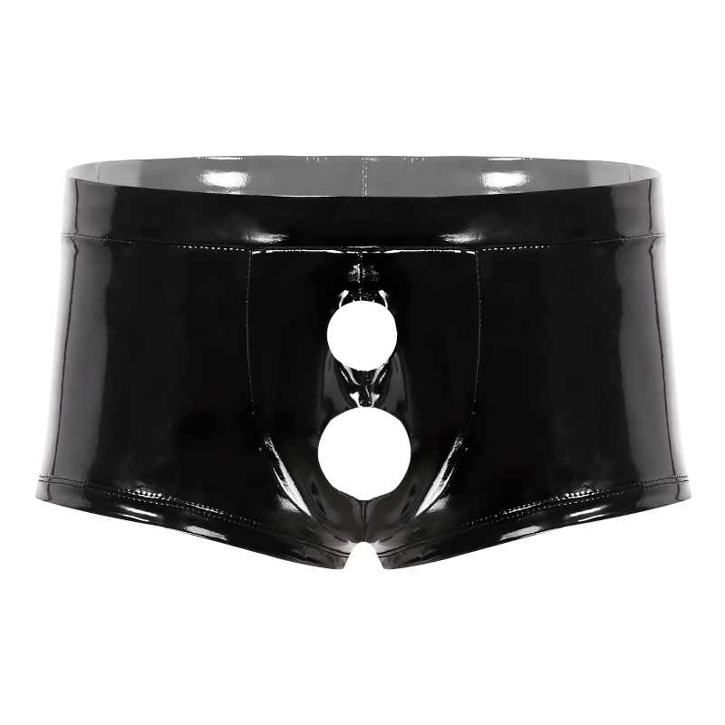 Sexy Wetlook Black PU Leather Male Panties / Open Crotch Penis Hole Erotic Gay Boxer Shorts - EVE's SECRETS