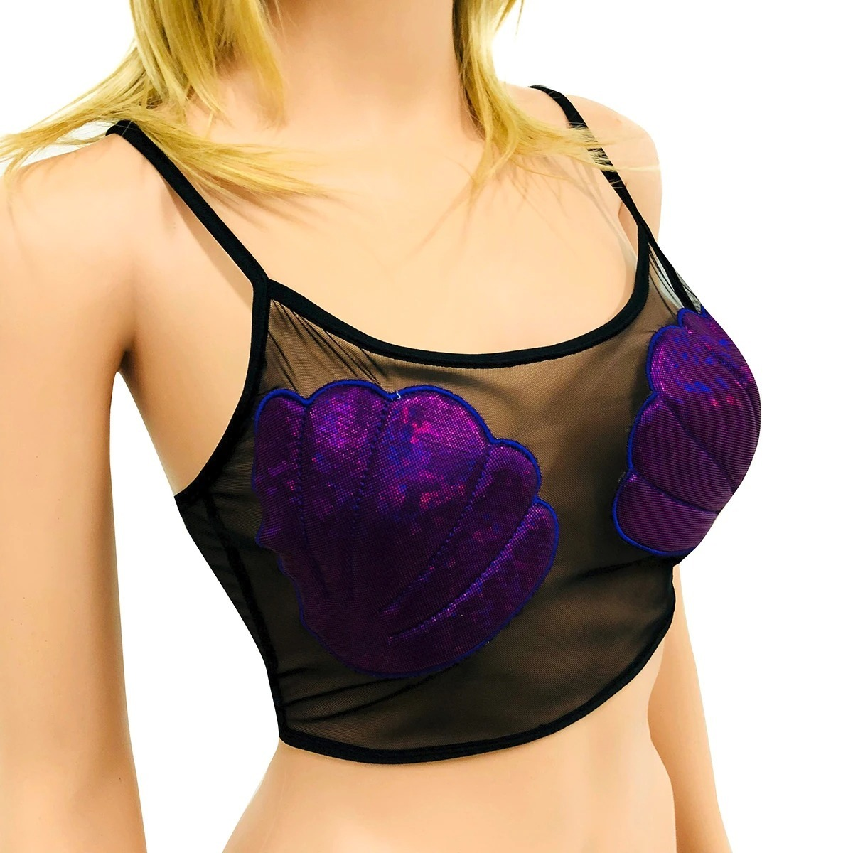 Sexy Women's Crop Top with Shiny Shell / Transparent Mesh Top for Ladies - EVE's SECRETS