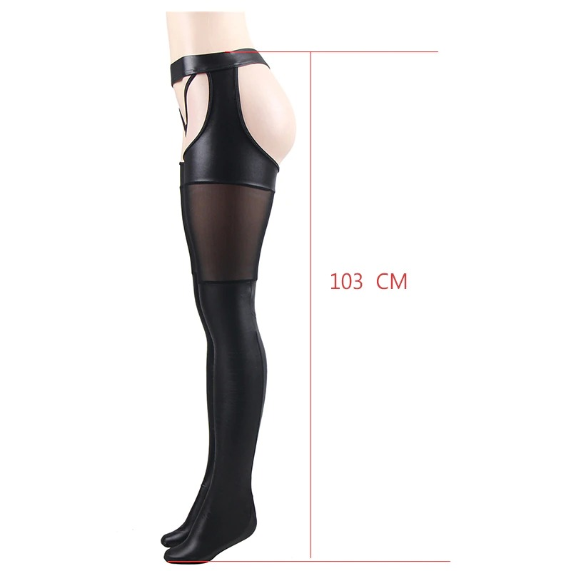 Sexy Women's Faux Leather Solid Color Stockings with G-string / Erotic Lace Pantyhose Crotchless - EVE's SECRETS