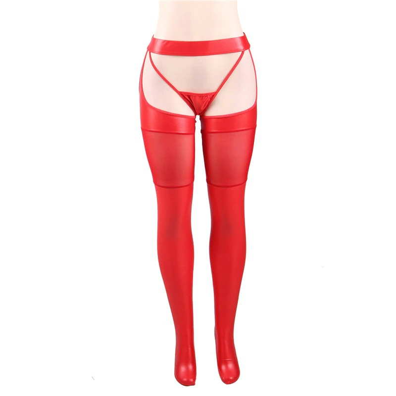Sexy Women's Faux Leather Solid Color Stockings with G-string / Erotic Lace Pantyhose Crotchless - EVE's SECRETS