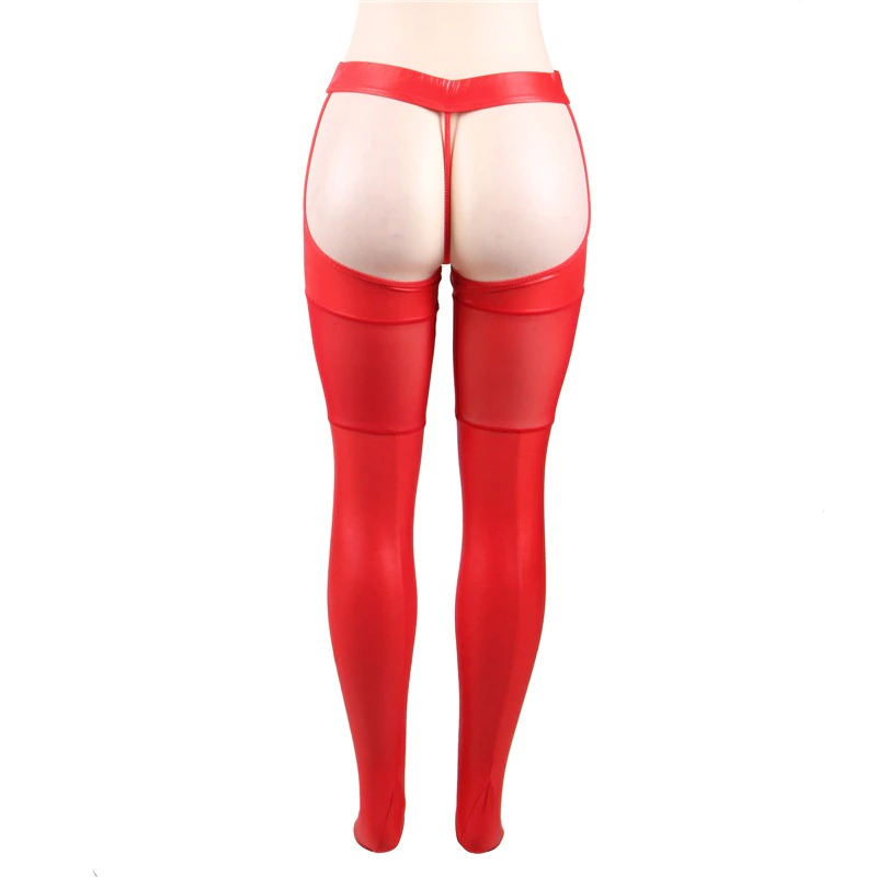 Sexy Women's Faux Leather Solid Color Stockings with G-string / Erotic Lace Pantyhose Crotchless - EVE's SECRETS