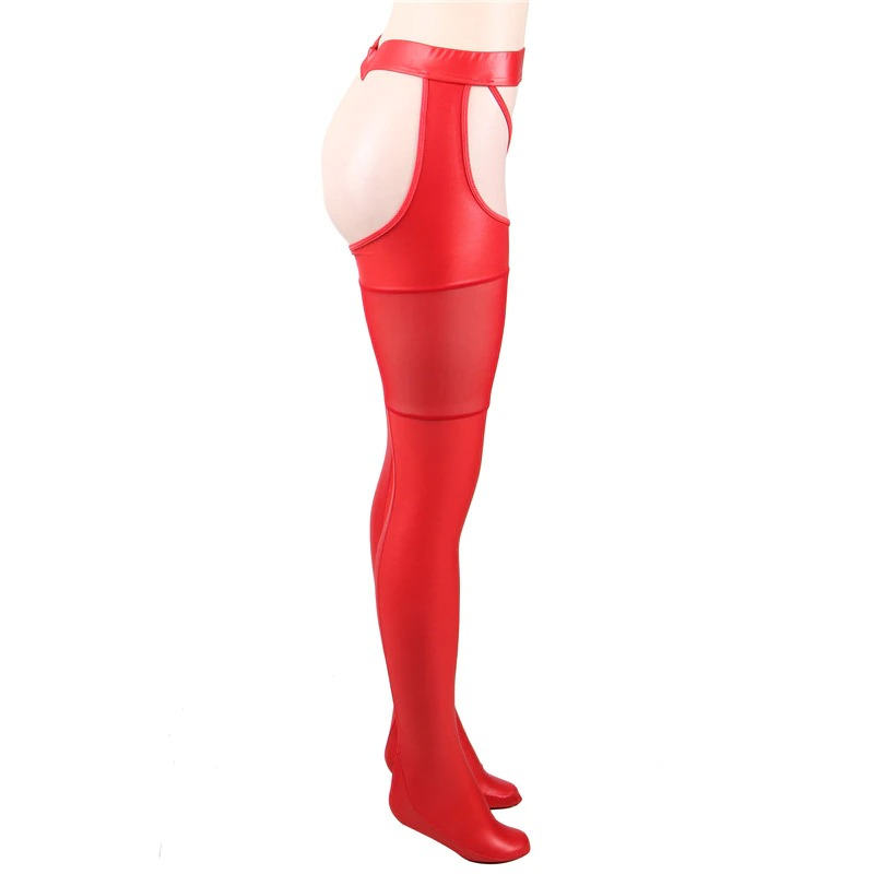 Sexy Women's Faux Leather Solid Color Stockings with G-string / Erotic Lace Pantyhose Crotchless - EVE's SECRETS