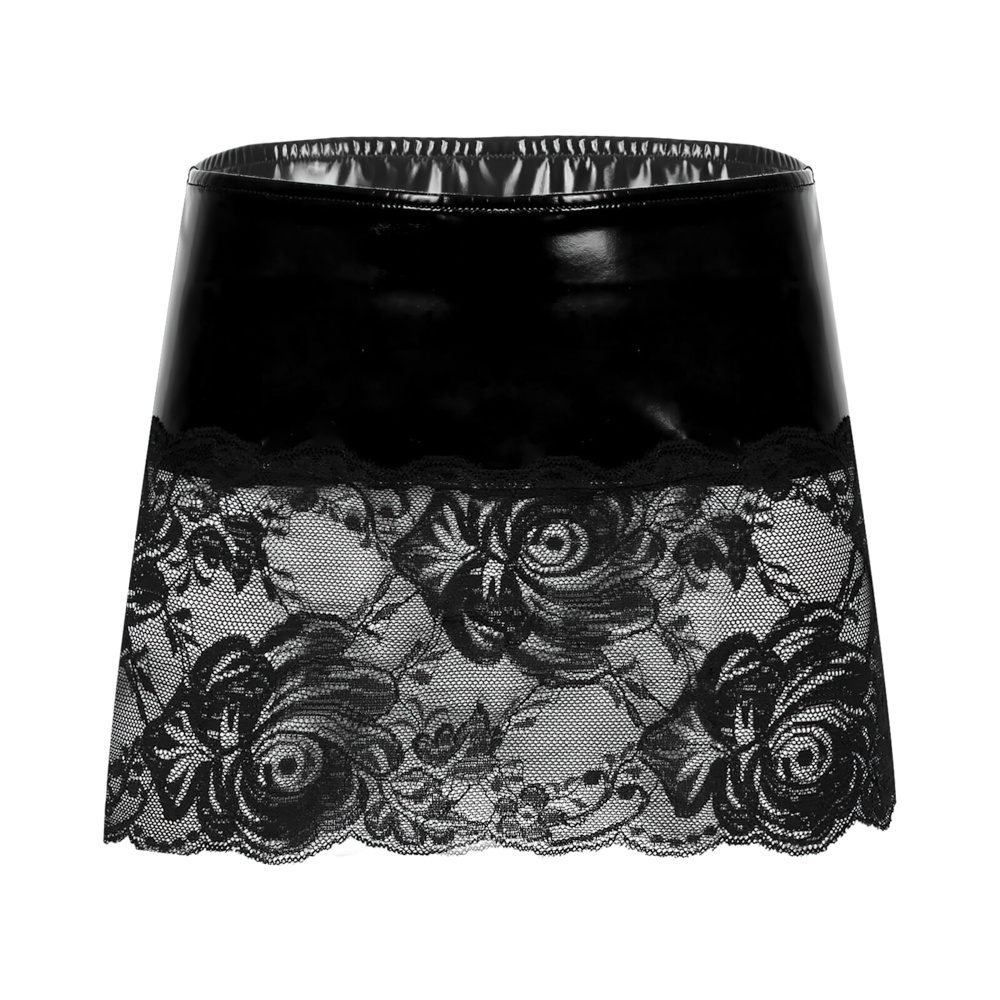 Sexy Women's Floral Pattern Mini Skirt / Black PU Leather Female Clothing With Lace - EVE's SECRETS