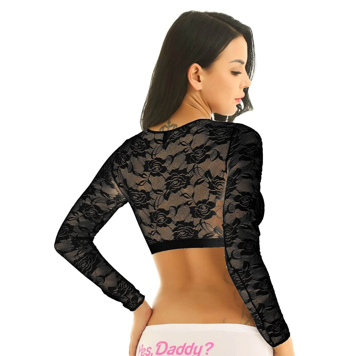 Sexy Women's Lace Crop Top With Floral Pattern / Erotic Women's Transparent Long-Sleeve Clothing - EVE's SECRETS