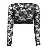 Sexy Women's Lace Crop Top With Floral Pattern / Erotic Women's Transparent Long-Sleeve Clothing - EVE's SECRETS