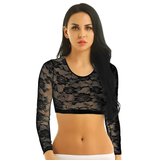 Sexy Damen-Spitzen-Crop-Top mit Blumenmuster / erotische Damen-transparente Langarm-Kleidung
