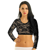 Sexy Women's Lace Crop Top With Floral Pattern / Erotic Women's Transparent Long-Sleeve Clothing - EVE's SECRETS