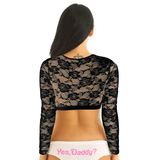 Sexy Women's Lace Crop Top With Floral Pattern / Erotic Women's Transparent Long-Sleeve Clothing - EVE's SECRETS