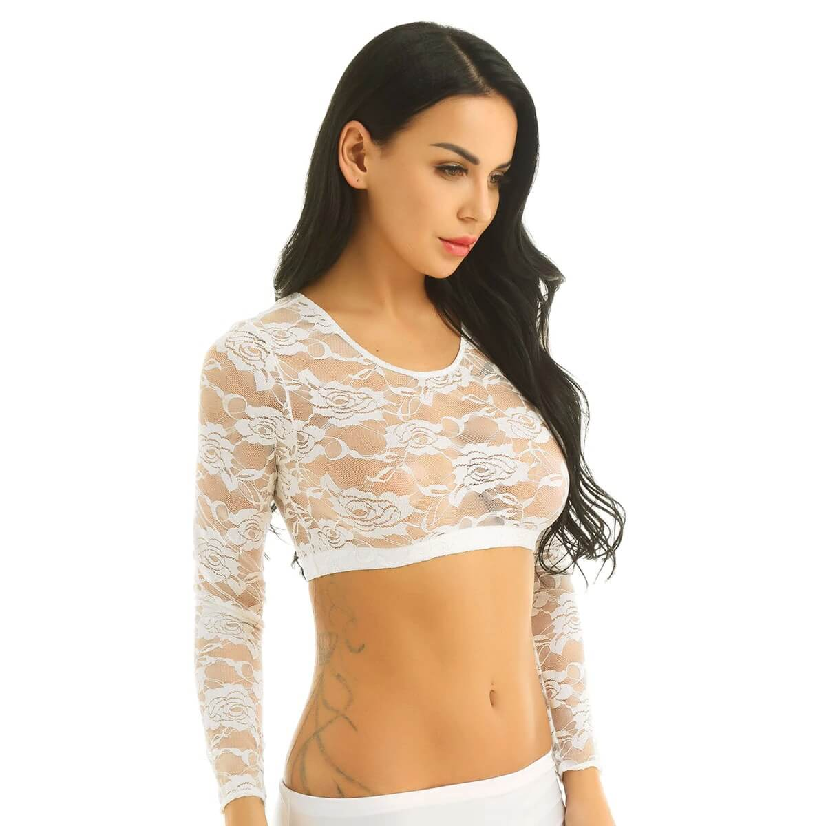 Sexy Women's Lace Crop Top With Floral Pattern / Erotic Women's Transparent Long-Sleeve Clothing - EVE's SECRETS