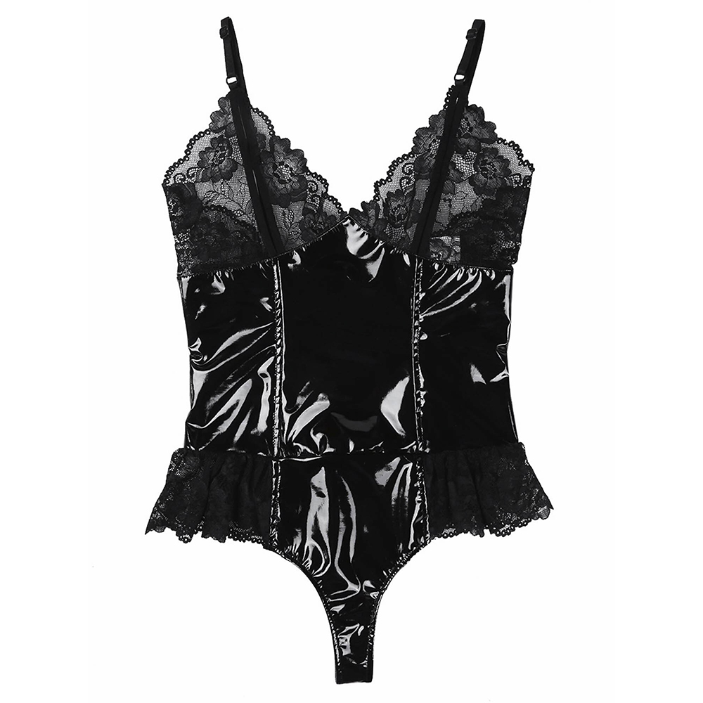 Sexy Women's Wet Look Bustier with Lace / Black Sleeveless Slim Bodysuit - EVE's SECRETS
