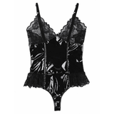 Sexy Women's Wet Look Bustier with Lace / Black Sleeveless Slim Bodysuit - EVE's SECRETS