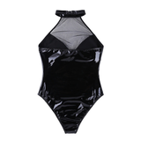 Shiny Wetlook Women's Bodysuit / Sexy Black Lingerie with Mesh High Cut - EVE's SECRETS