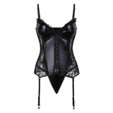 Steampunk Black Shinny Women's Lace Corset With G-String / Gothic Faux Leather Lingerie of Plus Size - EVE's SECRETS