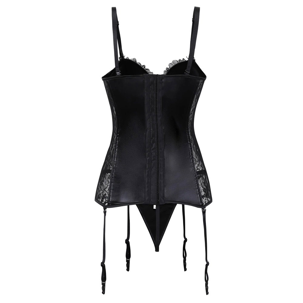 Steampunk Black Shinny Women's Lace Corset With G-String / Gothic Faux Leather Lingerie of Plus Size - EVE's SECRETS