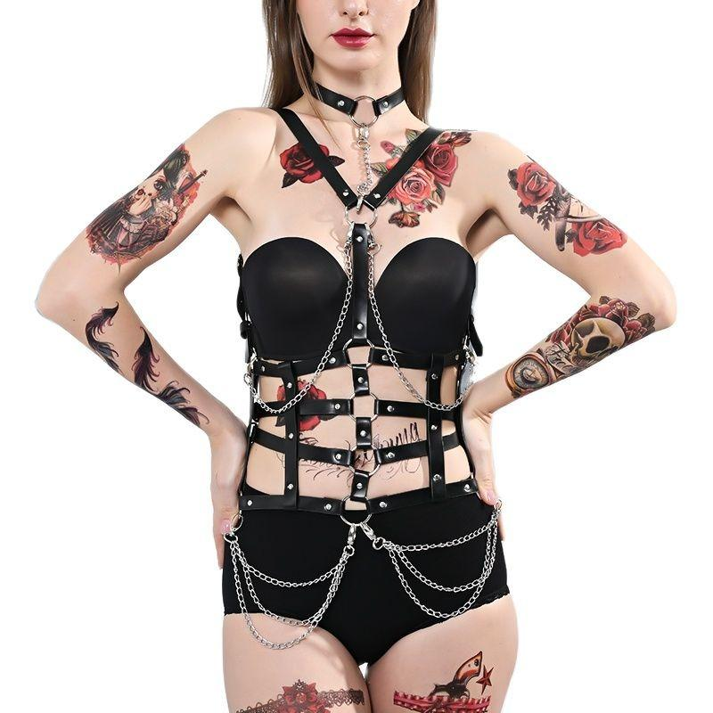 Women Adjustable Sexy Body Harness With Chains / BDSM Bondage PU Leather Chest Garter Suspenders - EVE's SECRETS