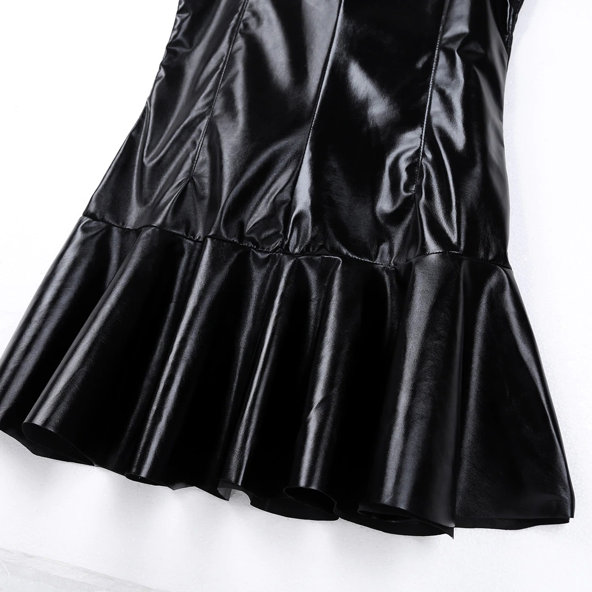 Women Cocktail Dress in Black / Wetlook Babydoll PU Leather High Collar Bottom Dress - EVE's SECRETS