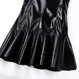 Women Cocktail Dress in Black / Wetlook Babydoll PU Leather High Collar Bottom Dress - EVE's SECRETS