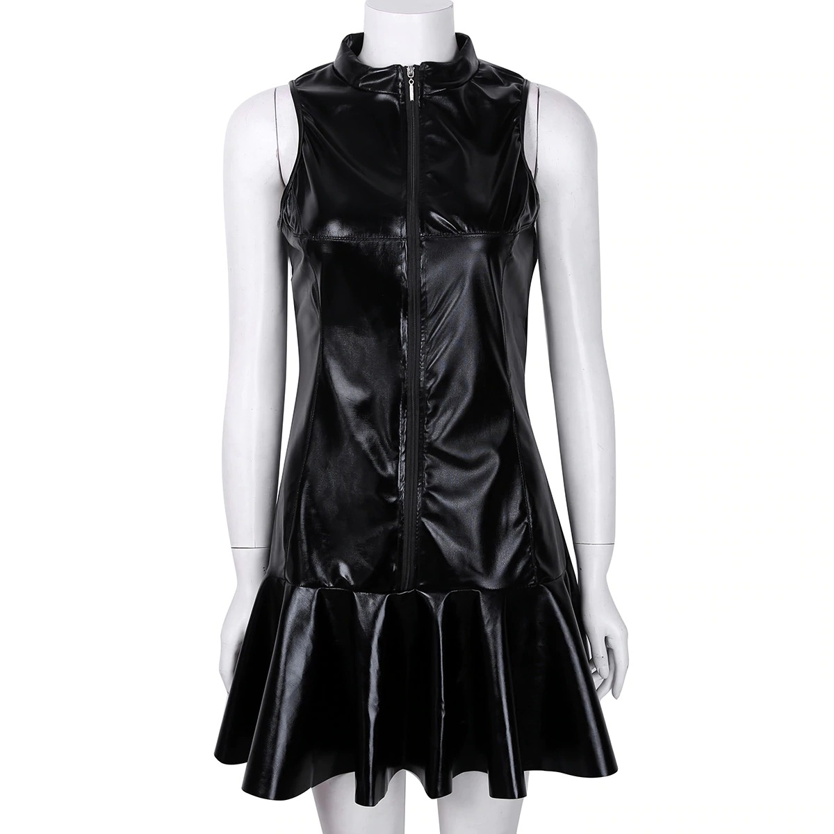 Women Cocktail Dress in Black / Wetlook Babydoll PU Leather High Collar Bottom Dress - EVE's SECRETS