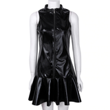 Women Cocktail Dress in Black / Wetlook Babydoll PU Leather High Collar Bottom Dress - EVE's SECRETS