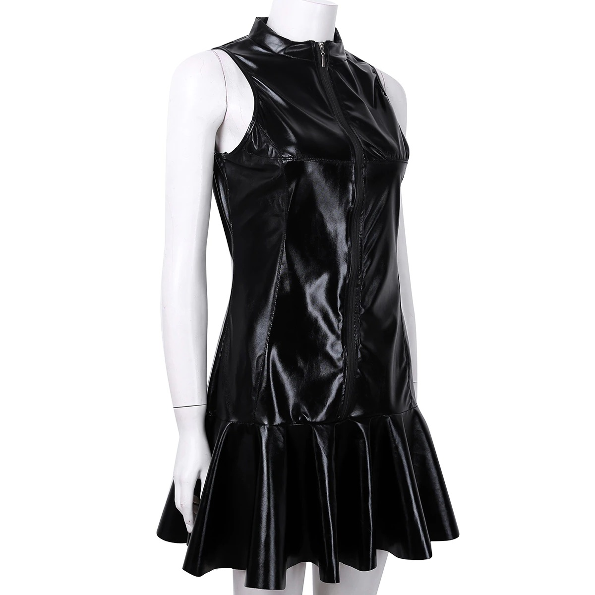 Women Cocktail Dress in Black / Wetlook Babydoll PU Leather High Collar Bottom Dress - EVE's SECRETS