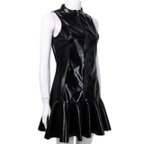 Women Cocktail Dress in Black / Wetlook Babydoll PU Leather High Collar Bottom Dress - EVE's SECRETS