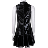 Women Cocktail Dress in Black / Wetlook Babydoll PU Leather High Collar Bottom Dress - EVE's SECRETS