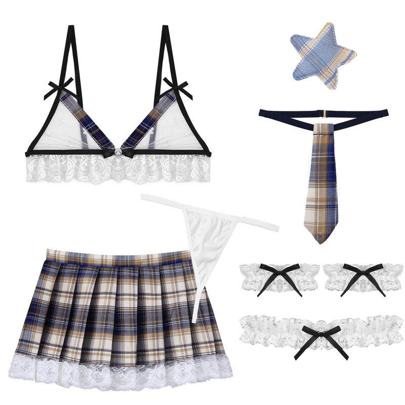 Women's Plaid Skirt and Sheer Bra with Accessories / Erotic Cosplay Set / Sexy Costume for Women - EVE's SECRETS