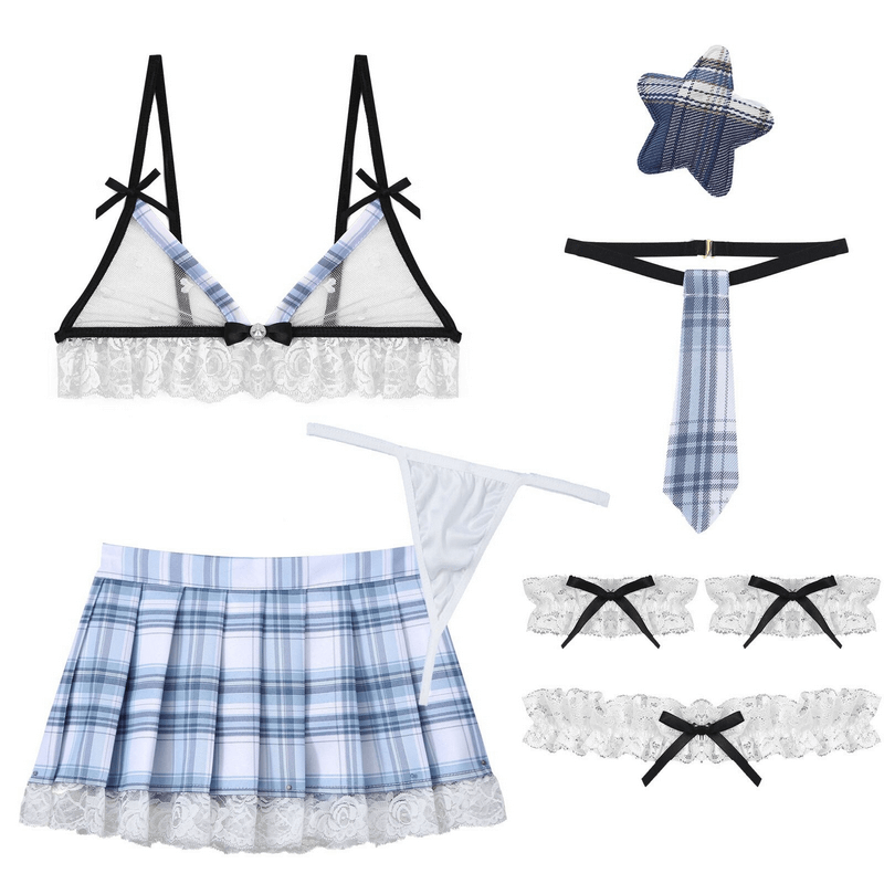 Women's Plaid Skirt and Sheer Bra with Accessories / Erotic Cosplay Set / Sexy Costume for Women - EVE's SECRETS