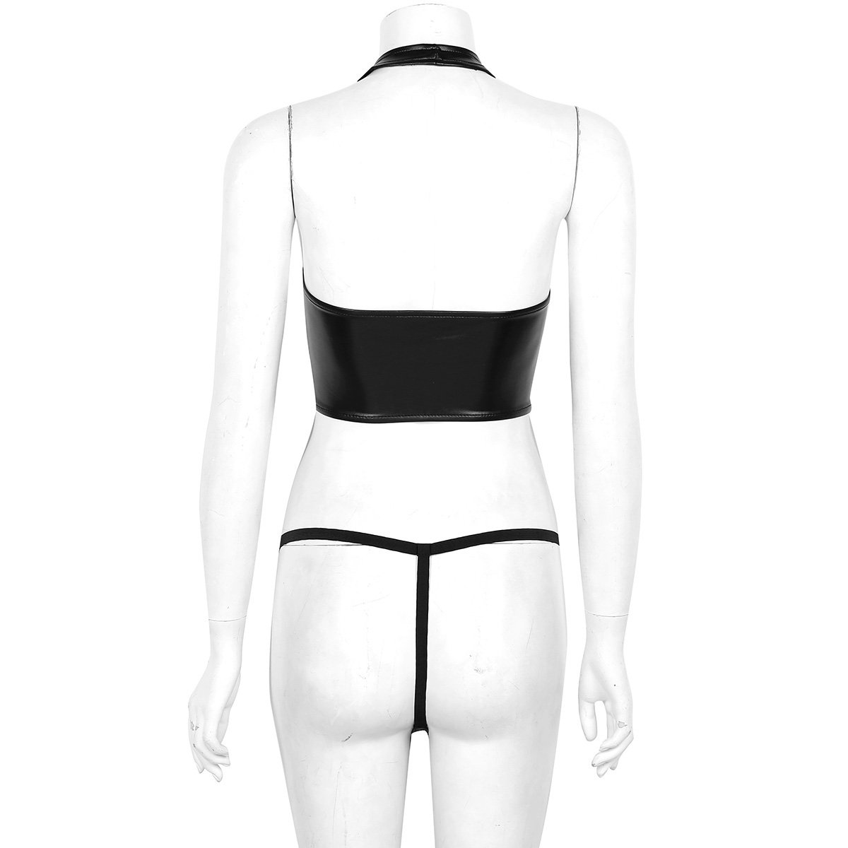 Women Vintage Faux Leather Clothing / Halter Tank Crop Top with Mini G-string - EVE's SECRETS