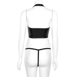 Women Vintage Faux Leather Clothing / Halter Tank Crop Top with Mini G-string - EVE's SECRETS
