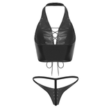 Women Vintage Faux Leather Clothing / Halter Tank Crop Top with Mini G-string - EVE's SECRETS