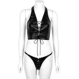 Women Vintage Faux Leather Clothing / Halter Tank Crop Top with Mini G-string - EVE's SECRETS