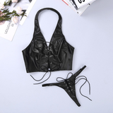 Women Vintage Faux Leather Clothing / Halter Tank Crop Top with Mini G-string - EVE's SECRETS