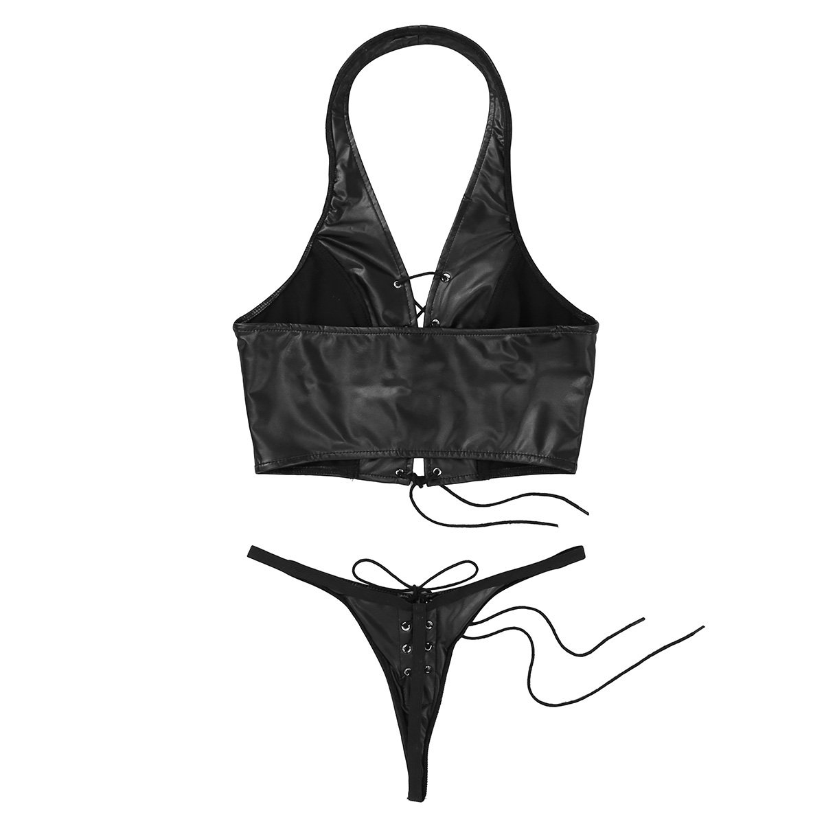 Women Vintage Faux Leather Clothing / Halter Tank Crop Top with Mini G-string - EVE's SECRETS
