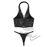 Women Vintage Faux Leather Clothing / Halter Tank Crop Top with Mini G-string - EVE's SECRETS