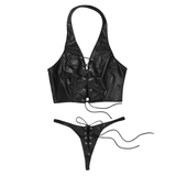 Women Vintage Faux Leather Clothing / Halter Tank Crop Top with Mini G-string - EVE's SECRETS
