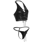 Women Vintage Faux Leather Clothing / Halter Tank Crop Top with Mini G-string - EVE's SECRETS