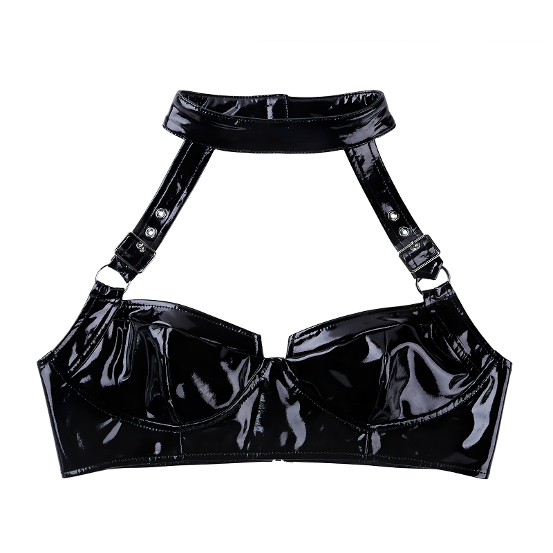 Women's Black Wet Look PU Leather Crop Top / Wire-Free Zippered Sexy Bra Top Lingerie - EVE's SECRETS