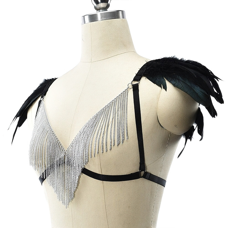 Women's Body Harness With Feather And Metal Tassel / StylishSexy Lingerie Set With Bra And Panties - EVE's SECRETS